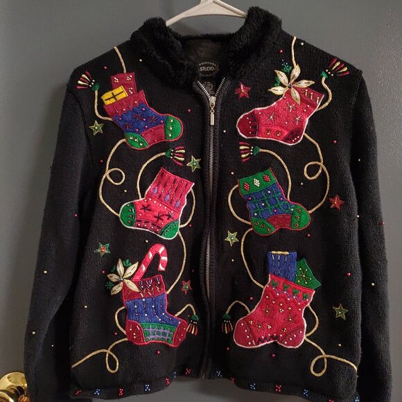 Designers Studio Originals Ugly Christmas Jacket Full Zip Stockings Embellished - Picture 1 of 10